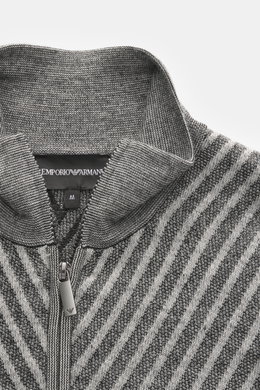 Close-up front view of Emporio Armani Quarter-zip jumper grey/dark grey striped showing stand-up zip-collar, pure new wool, soft feel, fine knit pattern, knit pattern in striped look, regular fit, and comfortable ribbed cuffs.