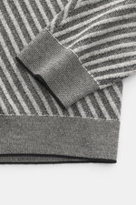 Close-up top-down view of Emporio Armani Quarter-zip jumper grey/dark grey striped showing fine knit pattern in striped look, pure new wool, soft feel, regular fit, stand up zip-collar, and comfortable ribbed cuffs.