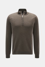 Front view of Emporio Armani Quarter-zip jumper brown/dark brown striped, pure new wool, soft feel, fine knit pattern, striped look, regular fit, stand-up zip-collar, ribbed cuffs.