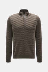 Front view of Emporio Armani Quarter-zip jumper brown/dark brown striped, pure new wool, soft feel, fine knit pattern, striped look, regular fit, stand-up zip-collar, ribbed cuffs.