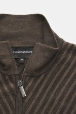 Close-up front view of Emporio Armani Quarter-zip jumper brown/dark brown striped showing stand up zip-collar, fine knit pattern in striped look, pure new wool, soft feel, regular fit, and comfortable ribbed cuffs.
