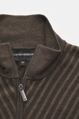 Close-up front view of Emporio Armani Quarter-zip jumper brown/dark brown striped showing stand up zip-collar, fine knit pattern in striped look, pure new wool, soft feel, regular fit, and comfortable ribbed cuffs.