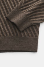 Close-up top-down view of Emporio Armani Quarter-zip jumper brown/dark brown striped sleeve showing pure new wool, soft feel, fine knit pattern in striped look, regular fit, stand-up zip-collar, and comfortable ribbed cuffs.