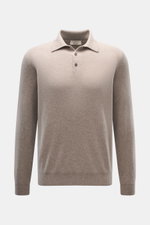 Fioroni Cashmere Strickpolo taupe meliert, Frontansicht, Regular Fit, Polokragen mit Drei-Knopf-Leiste, reiner Cashmere, weicher Griff, feines Strickbild, flexible Rippbündchen.