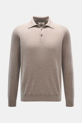 Fioroni Cashmere Strickpolo taupe meliert, Frontansicht, Regular Fit, Polokragen mit Drei-Knopf-Leiste, reiner Cashmere, weicher Griff, feines Strickbild, flexible Rippbündchen.