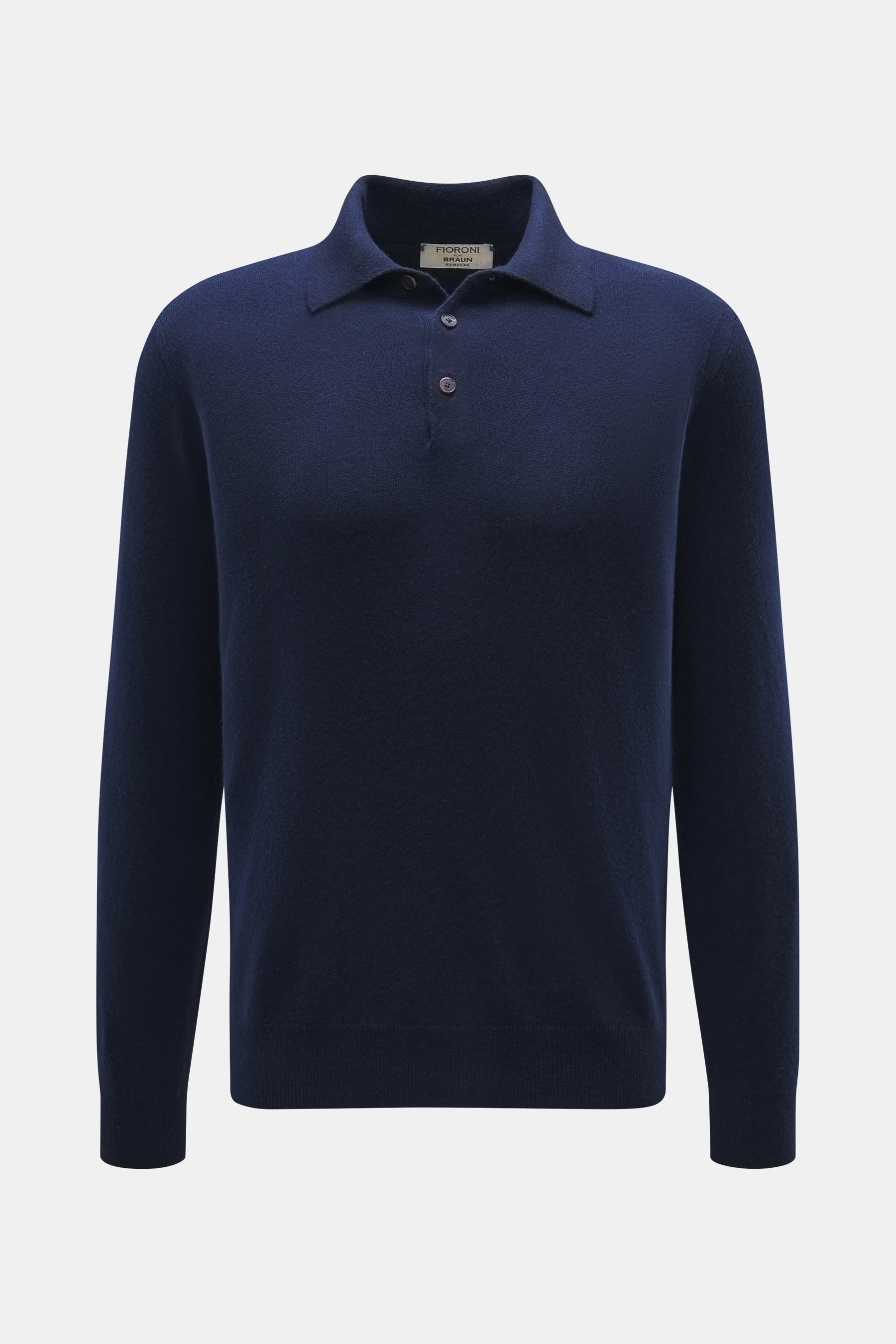 Fioroni Cashmere knitted polo dark blue shown from the front, featuring pure cashmere, soft touch, fine knit, regular fit, polo collar, three-button placket, flexible ribbed cuffs. Italian knitting craftsmanship at the highest level: The knitted polo by F