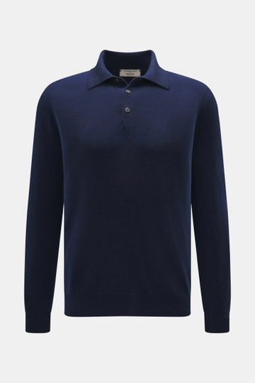 Fioroni Cashmere knitted polo dark blue shown from the front, featuring pure cashmere, soft touch, fine knit, regular fit, polo collar, three-button placket, flexible ribbed cuffs. Italian knitting craftsmanship at the highest level: The knitted polo by F