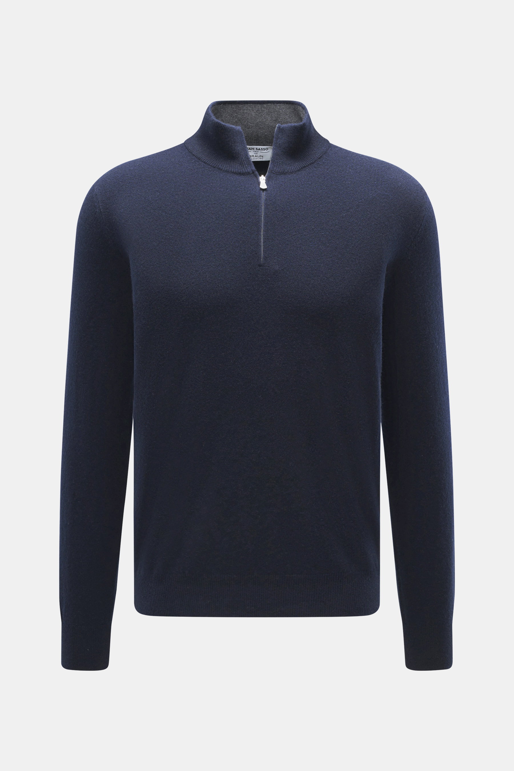 Front view of Gran Sasso Cashmere half-zip jumper navy in pure cashmere, soft touch, fine knit, slim fit, zipper stand-up collar, elastic rib cuffs.