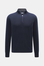 Front view of Gran Sasso Cashmere half-zip jumper navy in pure cashmere, soft touch, fine knit, slim fit, zipper stand-up collar, elastic rib cuffs.