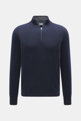 Front view of Gran Sasso Cashmere half-zip jumper navy in pure cashmere, soft touch, fine knit, slim fit, zipper stand-up collar, elastic rib cuffs.