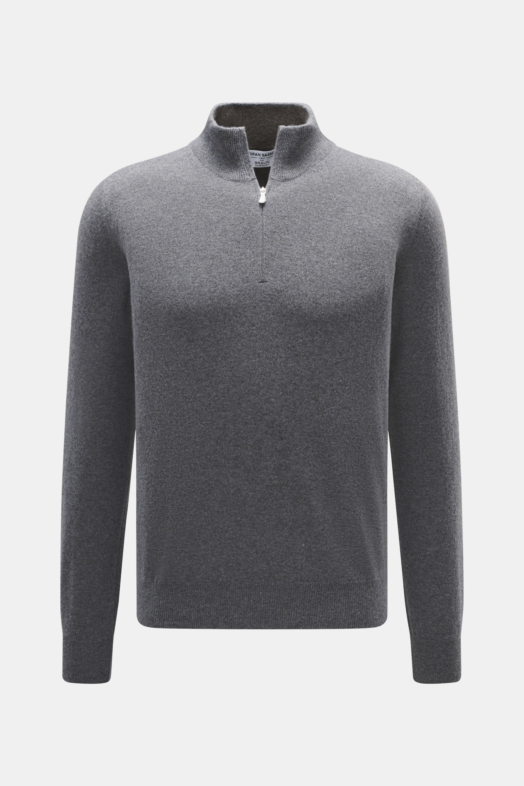 Front view of Gran Sasso Cashmere half-zip jumper dark grey melange, pure cashmere, soft touch, fine knit, slim fit, zipper stand-up collar, elastic rib cuffs.