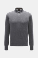 Front view of Gran Sasso Cashmere half-zip jumper dark grey melange, pure cashmere, soft touch, fine knit, slim fit, zipper stand-up collar, elastic rib cuffs.