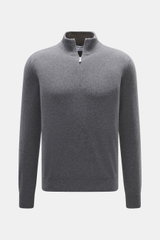 Front view of Gran Sasso Cashmere half-zip jumper dark grey melange, pure cashmere, soft touch, fine knit, slim fit, zipper stand-up collar, elastic rib cuffs.