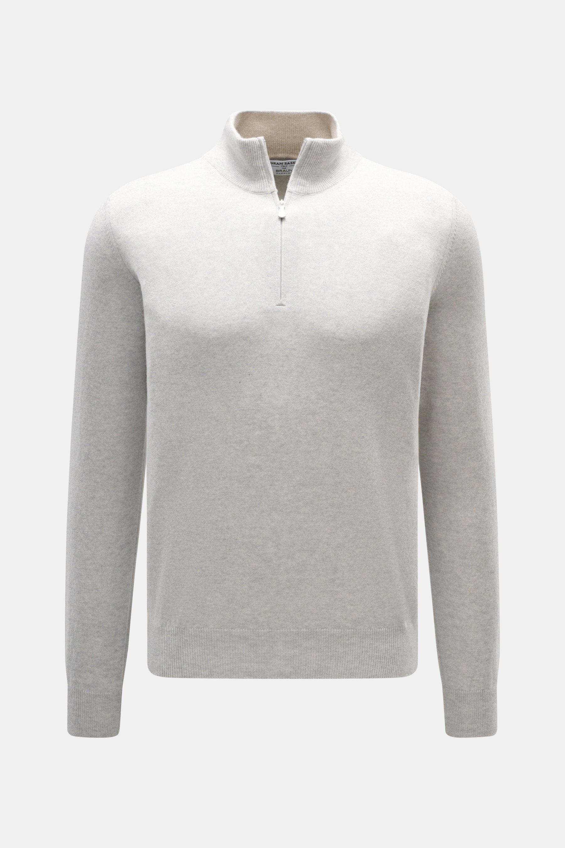 Front view of Gran Sasso Cashmere half-zip jumper light grey melange, pure cashmere, soft touch, fine knit, slim fit, zipper stand-up collar, elastic rib cuffs.