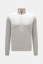 Front view of Gran Sasso Cashmere half-zip jumper light grey melange, pure cashmere, soft touch, fine knit, slim fit, zipper stand-up collar, elastic rib cuffs.