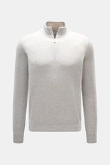 Front view of Gran Sasso Cashmere half-zip jumper light grey melange, pure cashmere, soft touch, fine knit, slim fit, zipper stand-up collar, elastic rib cuffs.