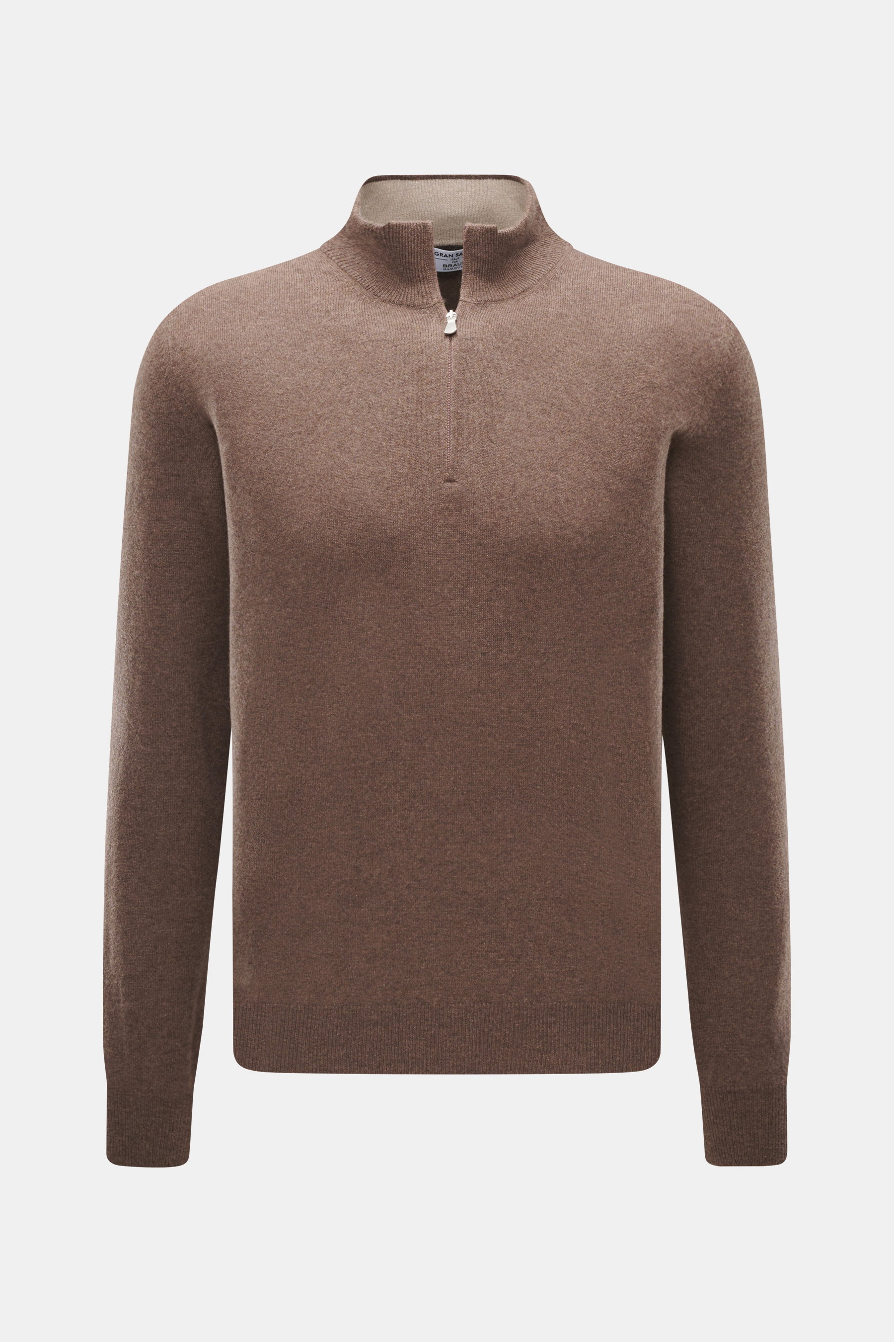 Front view of Gran Sasso Cashmere half-zip jumper dark grey melange, pure cashmere, soft touch, fine knit, slim fit, zipper collar, elastic cuffs.