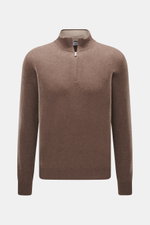 Front view of Gran Sasso Cashmere half-zip jumper dark grey melange, pure cashmere, soft touch, fine knit, slim fit, zipper collar, elastic cuffs.