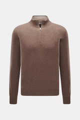 Front view of Gran Sasso Cashmere half-zip jumper dark grey melange, pure cashmere, soft touch, fine knit, slim fit, zipper collar, elastic cuffs.