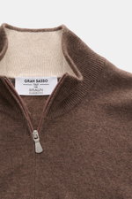 Gran Sasso Cashmere half-zip jumper dark grey melange shown from top front, featuring zipper stand-up collar, elastic rib cuffs, slim fit, pure cashmere, soft touch, and fine knit pattern.