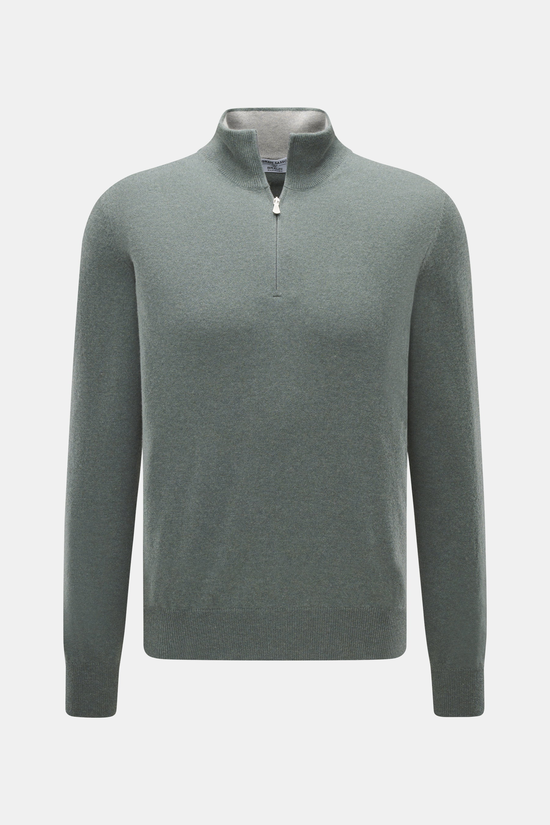 Front view of Gran Sasso Cashmere half-zip jumper grey green melange, pure cashmere, soft touch, fine knit, slim fit, zipper collar, rib cuffs.