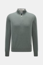 Front view of Gran Sasso Cashmere half-zip jumper grey green melange, pure cashmere, soft touch, fine knit, slim fit, zipper collar, rib cuffs.