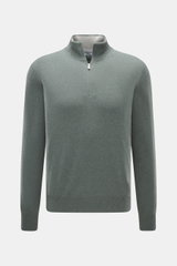 Front view of Gran Sasso Cashmere half-zip jumper grey green melange, pure cashmere, soft touch, fine knit, slim fit, zipper collar, rib cuffs.