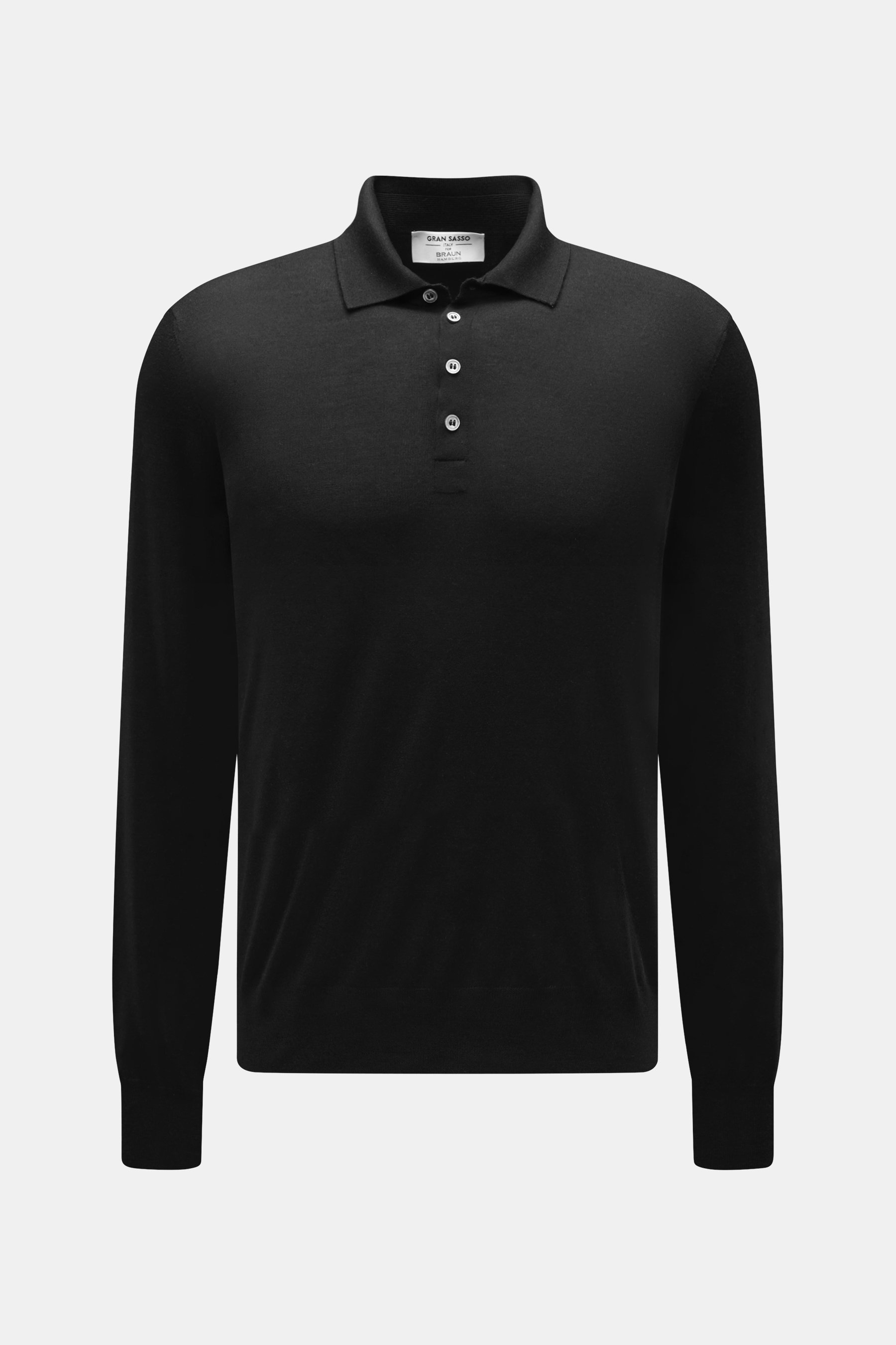 Gran Sasso Feinstrickpolo schwarz, Slim Fit, leichte Schurwolle mit Cashmere und Seide, von vorne fotografiert, Polokragen, Vier-Knopf-Leiste, Rippbündchen