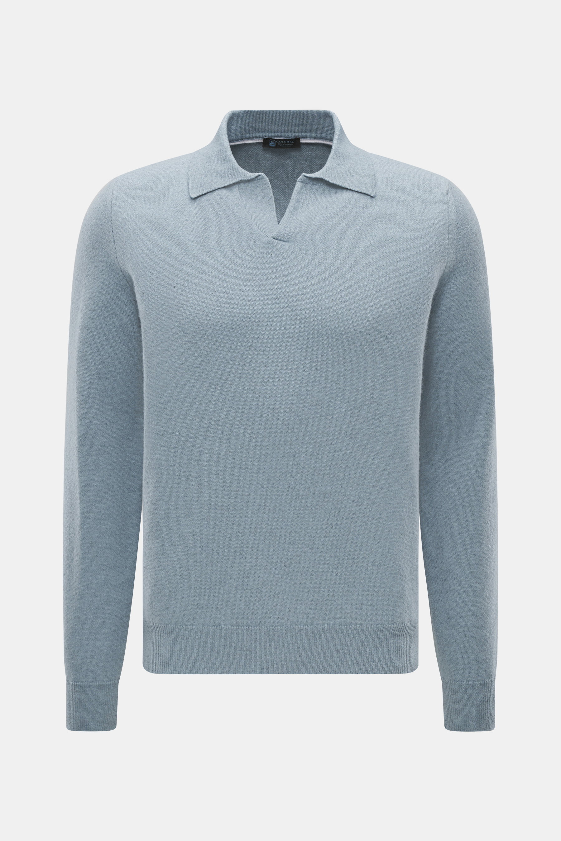 Colombo Cashmere Strickpolo rauchblau meliert, Slim Fit, feines Strickbild, klassischer Polokragen, offene Kragenleiste, flexible Rippbündchen, Frontansicht.
