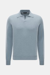 Colombo Cashmere Strickpolo rauchblau meliert, Slim Fit, feines Strickbild, klassischer Polokragen, offene Kragenleiste, flexible Rippbündchen, Frontansicht.