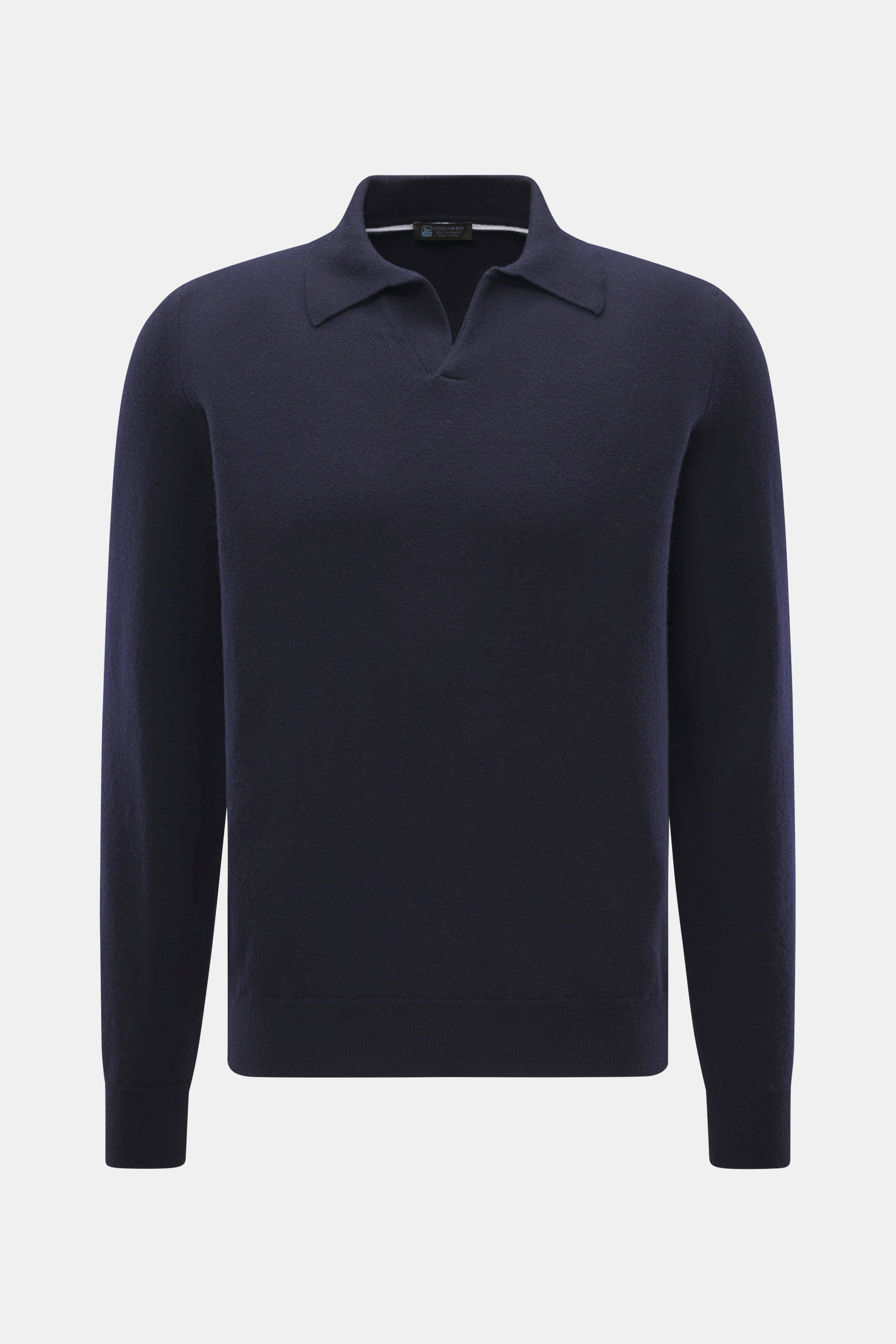 Colombo Cashmere Strickpolo navy, Slim Fit, feines Strickbild, klassischer Polokragen, offene Kragenleiste, flexible Rippbündchen, frontal fotografiert.