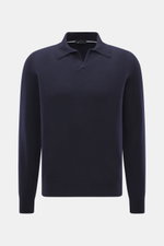 Colombo Cashmere Strickpolo navy, Slim Fit, feines Strickbild, klassischer Polokragen, offene Kragenleiste, flexible Rippbündchen, frontal fotografiert.