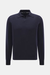 Colombo Cashmere Strickpolo navy, Slim Fit, feines Strickbild, klassischer Polokragen, offene Kragenleiste, flexible Rippbündchen, frontal fotografiert.