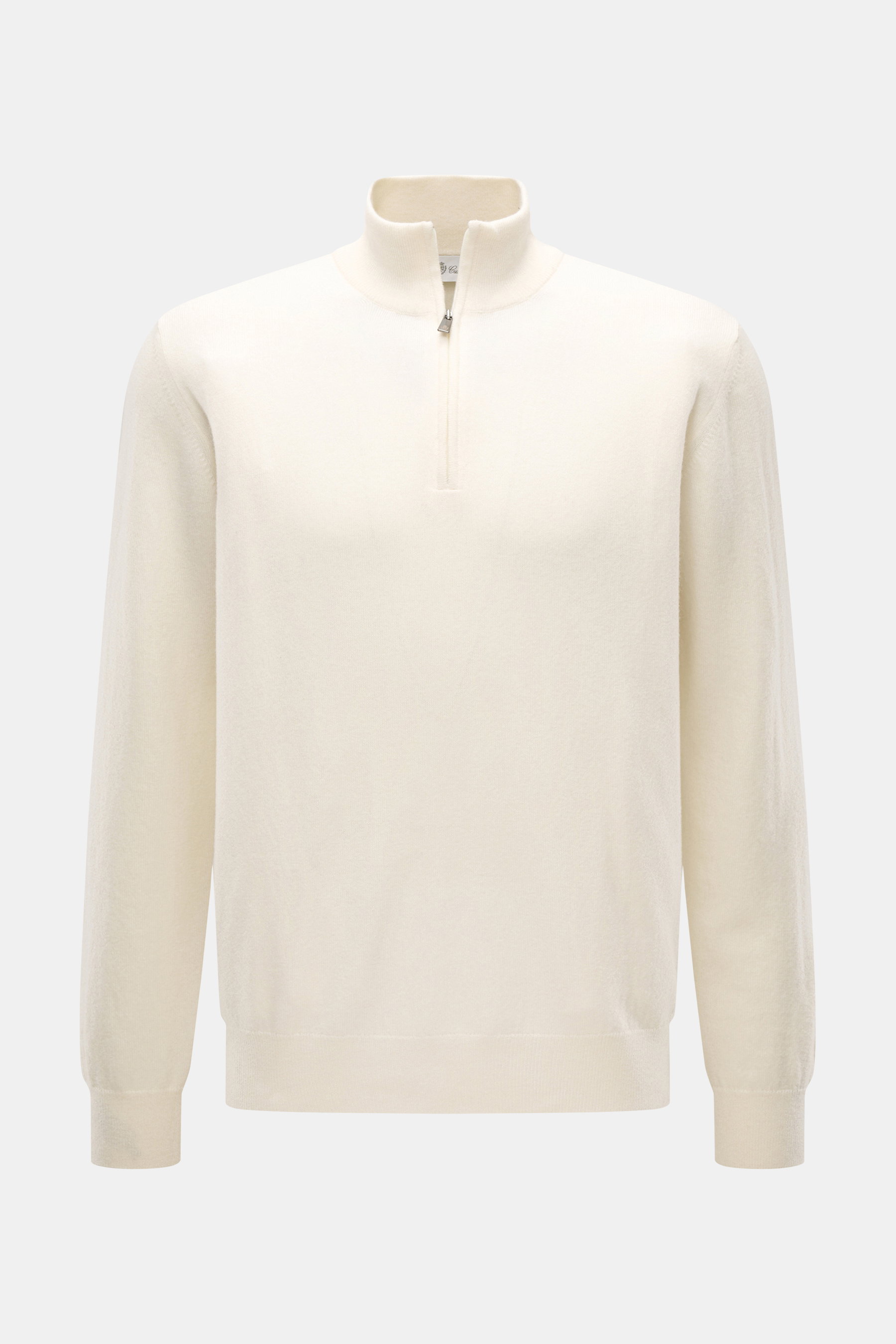 Della Ciana Troyer creme, frontale Ansicht, Regular Fit, Troyer-Kragen mit Reißverschluss, Cashmere-Merinomix, weicher Griff, feines Strickbild, flexible Rippbündchen