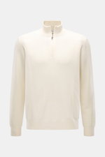Della Ciana Troyer creme, frontale Ansicht, Regular Fit, Troyer-Kragen mit Reißverschluss, Cashmere-Merinomix, weicher Griff, feines Strickbild, flexible Rippbündchen