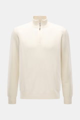 Della Ciana Troyer creme, frontale Ansicht, Regular Fit, Troyer-Kragen mit Reißverschluss, Cashmere-Merinomix, weicher Griff, feines Strickbild, flexible Rippbündchen