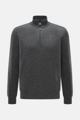 Della Ciana Troyer dunkelgrau meliert, frontale Aufnahme, Mix aus Cashmere und Merinowolle, weicher Griff, feines Strickbild, Regular Fit, Troyer-Kragen mit Reißverschluss, flexible Rippbündchen.