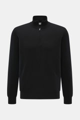 Della Ciana Troyer schwarz, frontale Nahaufnahme, Mix aus Cashmere und Merinowolle, weicher Griff, feines Strickbild, Regular Fit, Troyer-Kragen mit Reißverschluss, flexible Rippbündchen.