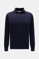 Brunello Cucinelli Strickpolo navy, Frontansicht, Regular Fit, leichter Feinstrick aus Schurwolle und Cashmere, Polokragen, Drei-Knopf-Leiste.