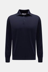 Brunello Cucinelli Strickpolo navy, Frontansicht, Regular Fit, leichter Feinstrick aus Schurwolle und Cashmere, Polokragen, Drei-Knopf-Leiste.