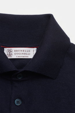 Brunello Cucinelli Strickpolo navy, Detailaufnahme von oben, feines Strickpolo aus Schurwolle und Cashmere, Regular Fit, Polokragen, Drei-Knopf-Leiste