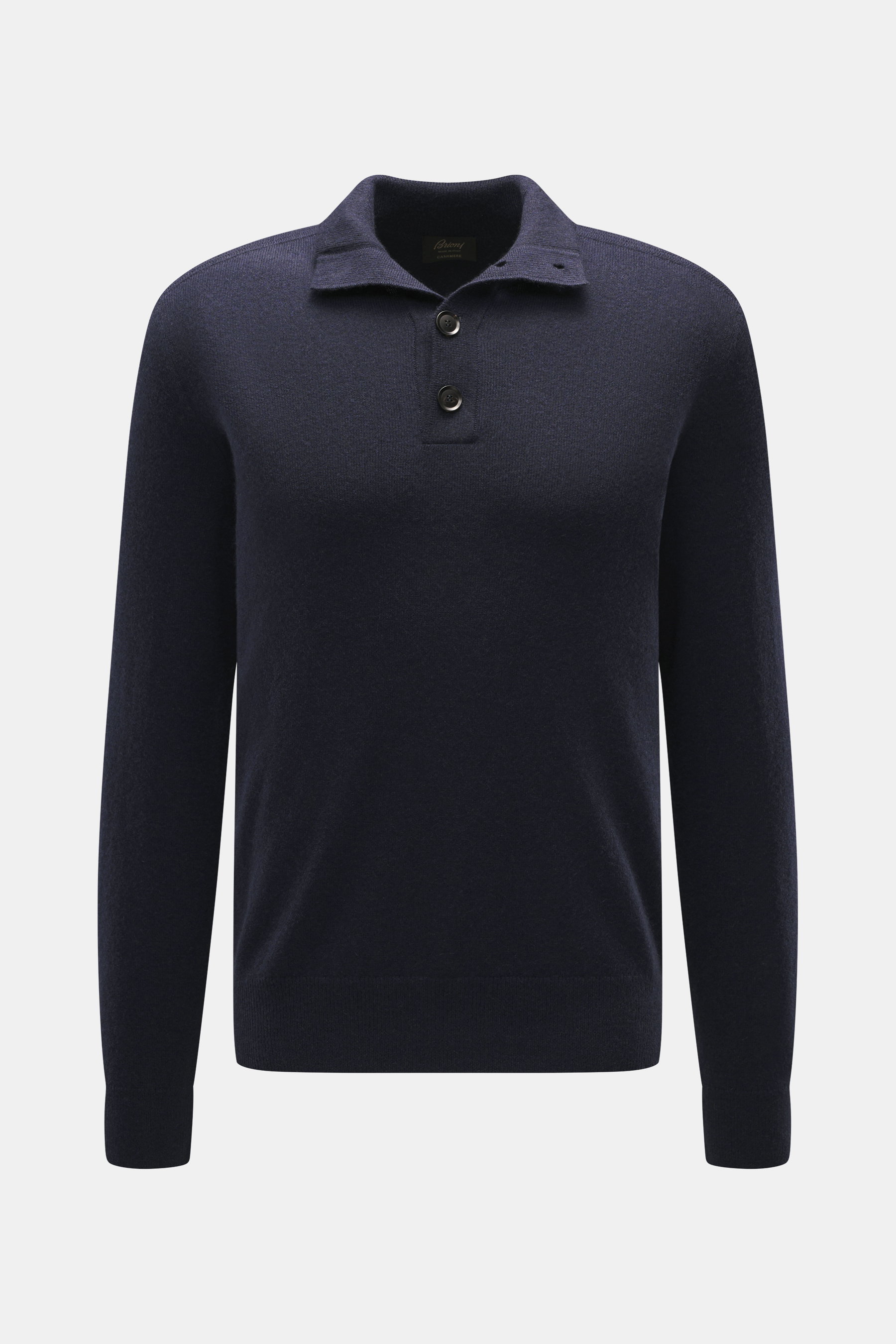 Brioni Cashmere Troyer navy, frontale Nahaufnahme, reiner Cashmere, weicher Griff, feines Strickbild, Regular Fit, Stehkragen mit Vier-Knopf-Leiste, Schulterpasse, Rippbündchen.