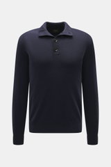 Brioni Cashmere Troyer navy, frontale Nahaufnahme, reiner Cashmere, weicher Griff, feines Strickbild, Regular Fit, Stehkragen mit Vier-Knopf-Leiste, Schulterpasse, Rippbündchen.