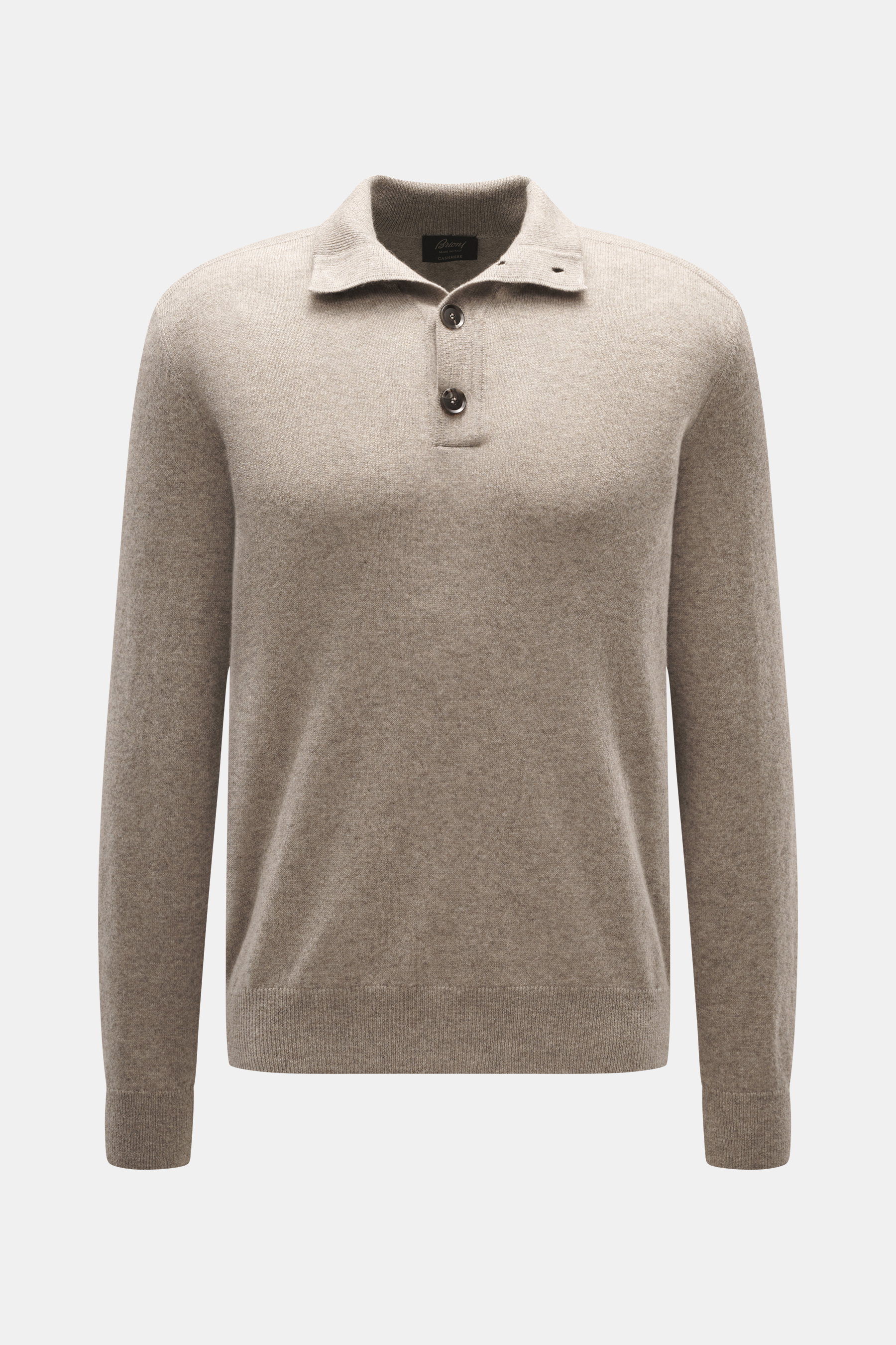 Brioni Cashmere Troyer taupe meliert, frontal fotografiert, aus reinem Cashmere, weicher Griff, feines Strickbild, Regular Fit, Stehkragen mit 4 Hornknöpfen, kontrastrick-Schulterpasse, Rippbündchen.