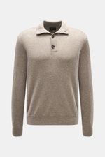 Brioni Cashmere Troyer taupe meliert, frontal fotografiert, aus reinem Cashmere, weicher Griff, feines Strickbild, Regular Fit, Stehkragen mit 4 Hornknöpfen, kontrastrick-Schulterpasse, Rippbündchen.