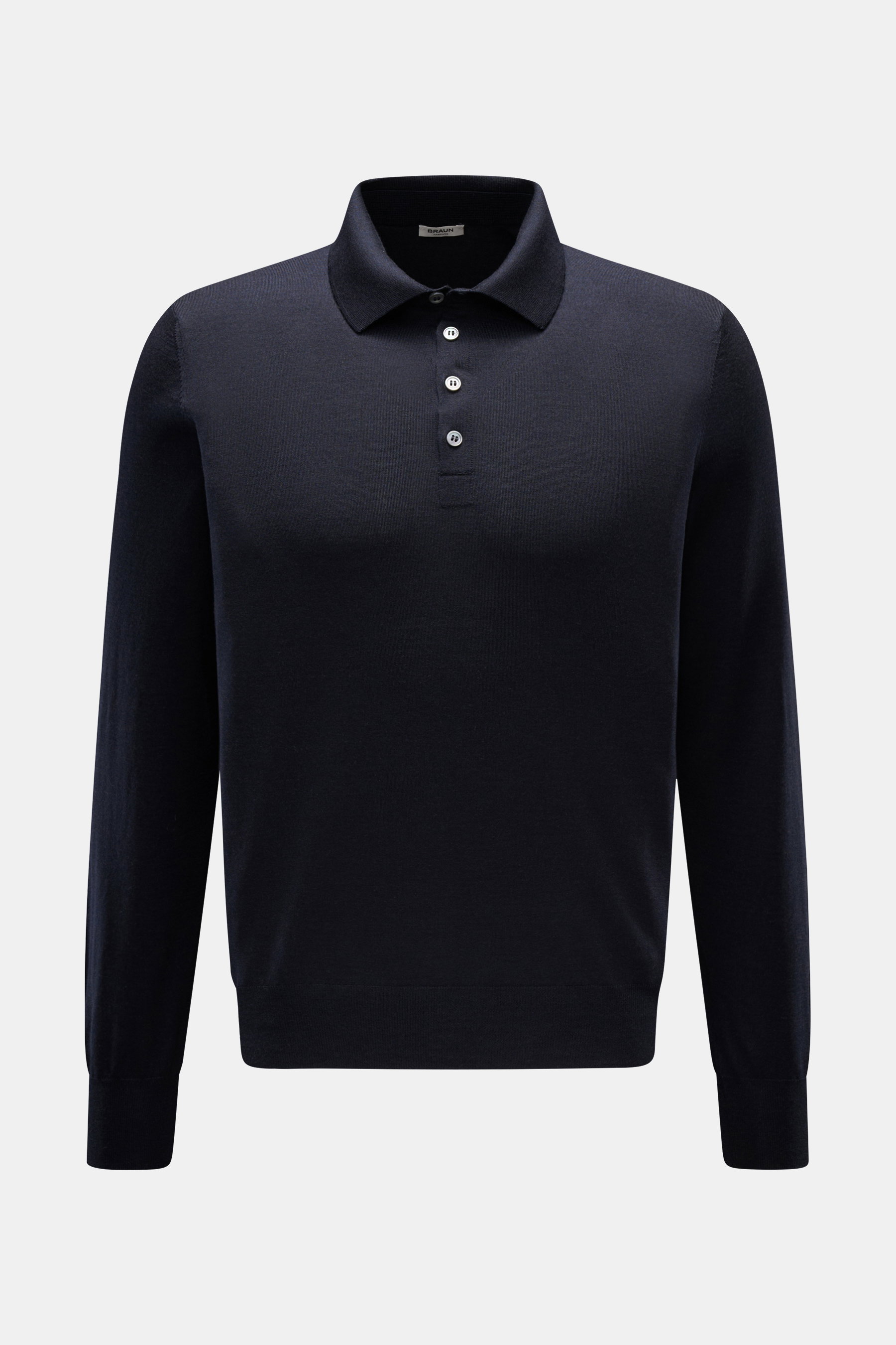 Gran Sasso Feinstrickpolo navy, Longsleeve-Strickpolo von BRAUN HAMBURG, frontale Ansicht, Slim Fit, Polokragen, Vier-Knopf-Leiste, weicher Mix aus Schurwolle, Cashmere und Seide.