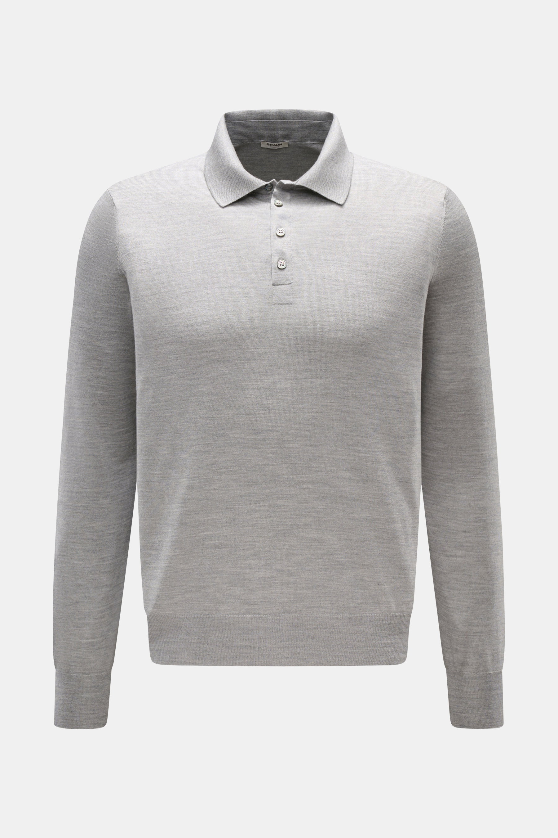 Gran Sasso Feinstrickpolo hellgrau meliert, Longsleeve-Strickpolo aus Schurwolle, Cashmere, Seide, Slim Fit, Polokragen, 4-Knopf-Leiste, Rippbündchen, frontale Ansicht.