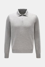Front view of Gran Sasso Fine knit polo light grey mottled, a long sleeve slim fit knit polo with a signature collar, four-button placket, and ribbed bands. Luxury you can feel on your skin: This long sleeve knit polo by BRAUN HAMBURG has an exceptionally