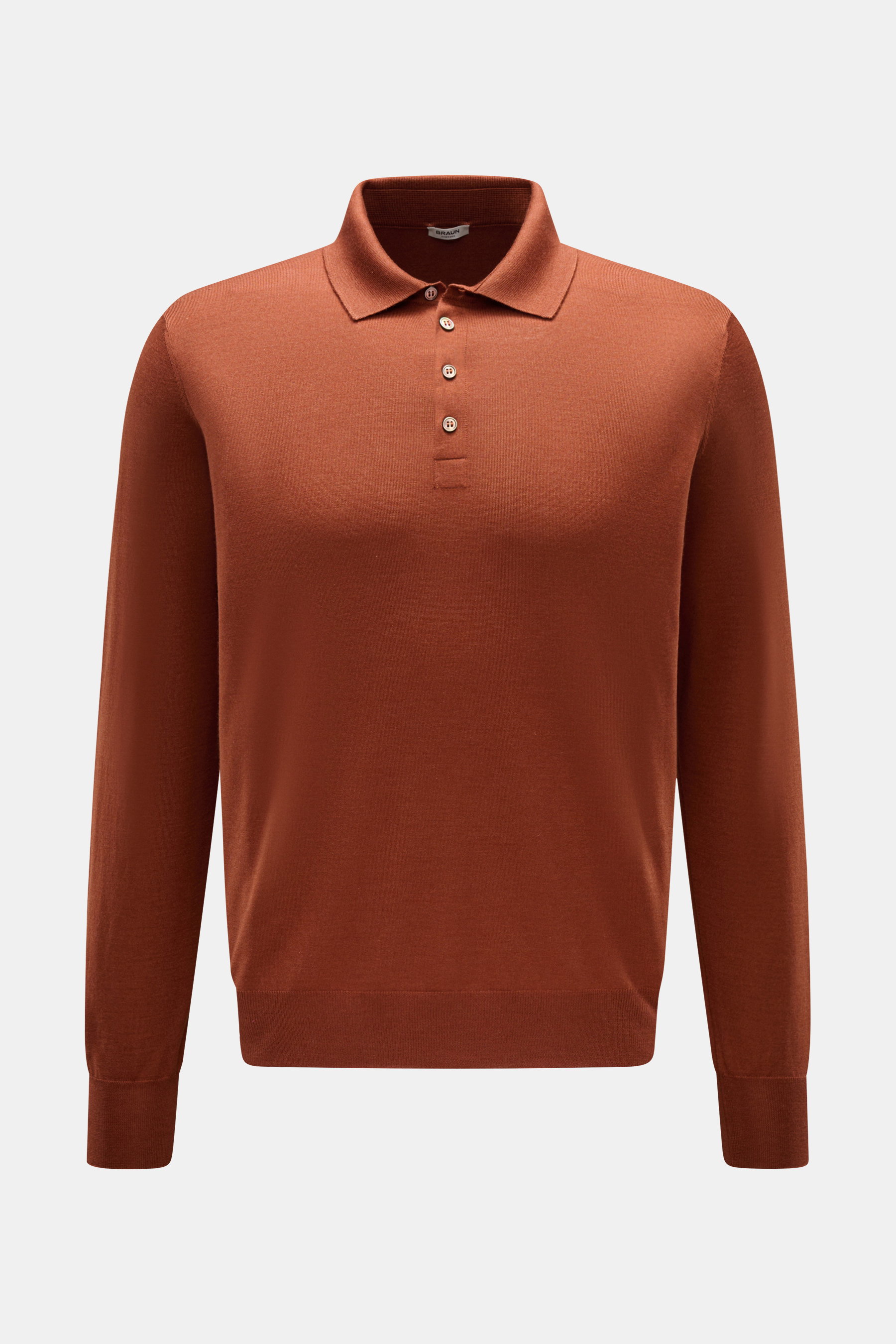 Gran Sasso Feinstrickpolo rostbraun, slim fit, aus Schurwolle, Cashmere, Seide, mit Polokragen, Vier-Knopf-Leiste, Rippbündchen, frontale Ansicht.