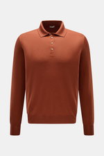Front view of Gran Sasso Fine knit polo rust brown, a long sleeve knit polo by BRAUN HAMBURG made from a luxurious blend of virgin wool, cashmere, and silk. It features a very soft feel, very fine knit, slim fit, signature polo shirt collar, smooth four-b